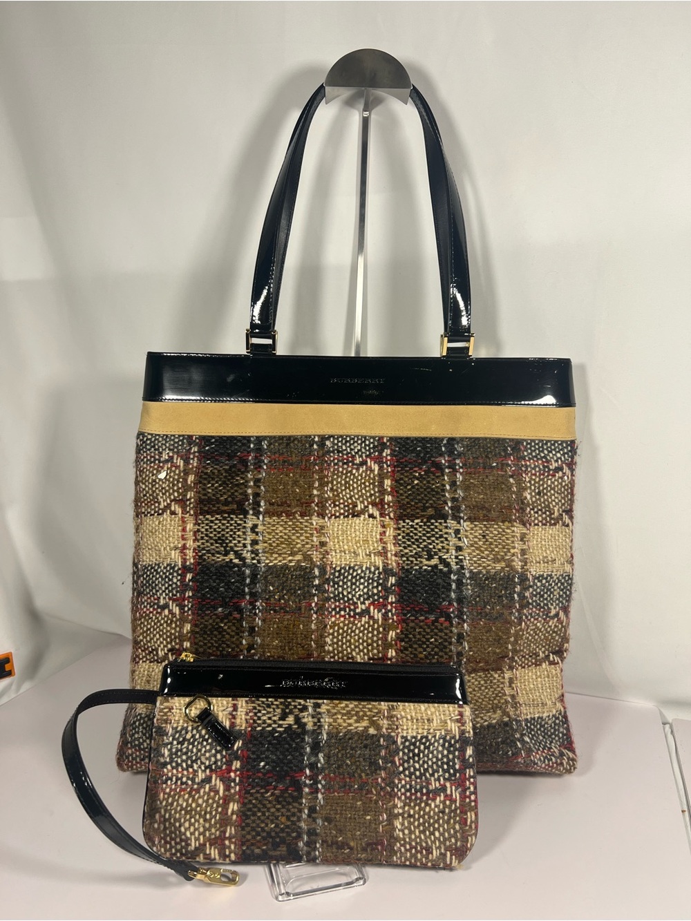 3112: Burberry Plaid Wool Tote Bag & Matching Wristlet Patent Leather